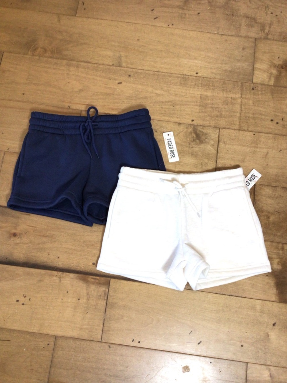 Faded Rose Womens XS Fleece Sweat Shorts Set Navy Cream Drawstring Lounge Shorts